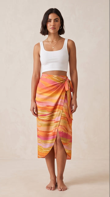 Sunset Print Wrap Skirt & Crop Top Set