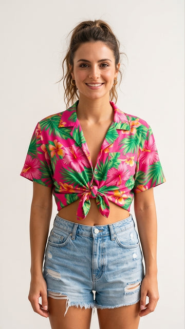 Pink & Green Cropped Tie-Front Hawaiian Shirt