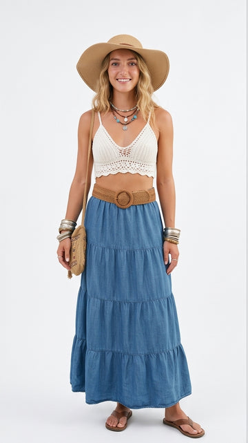 Tiered Denim Maxi Skirt