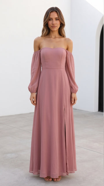 Dusty Rose Off-Shoulder Maxi Dress for Sunset Dinners