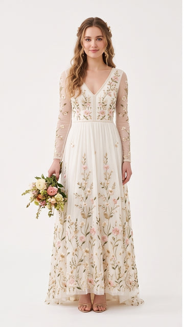 Ivory Hand-Embroidered Floral Gown
