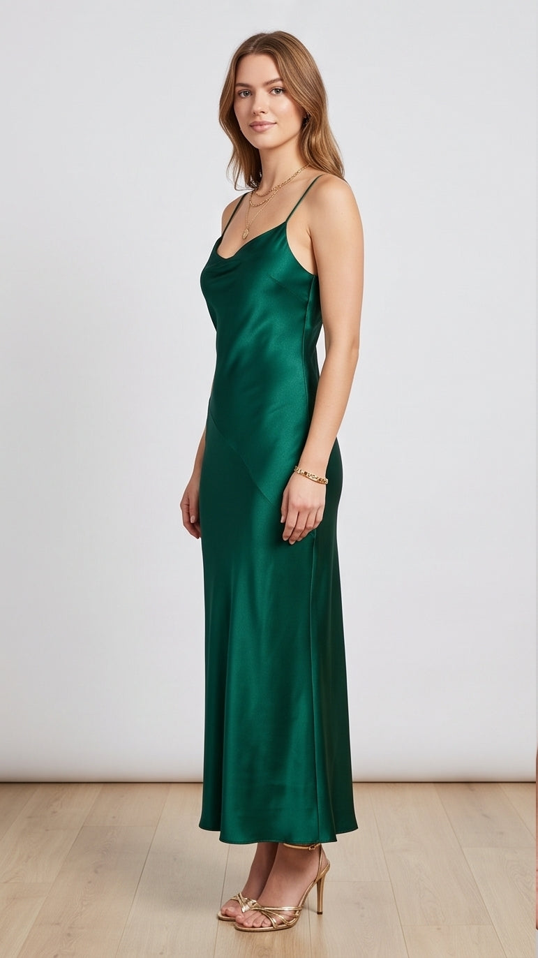 Emerald Green Satin Bias-Cut Cowl Neck Maxi Dress