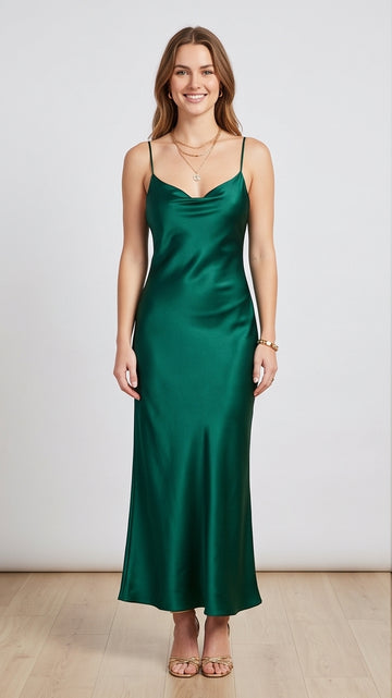 Emerald Green Satin Bias-Cut Cowl Neck Maxi Dress