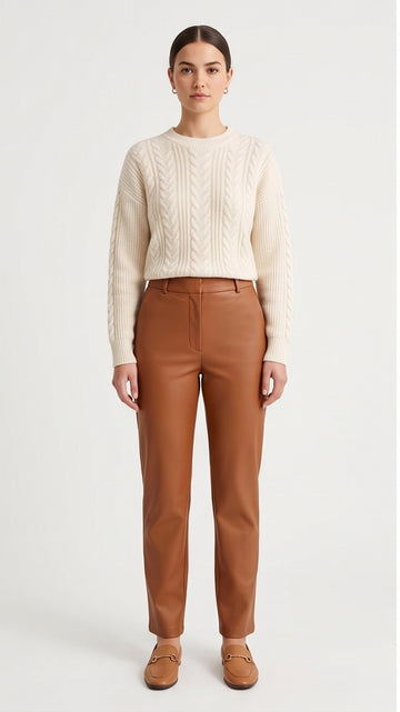 Cognac Faux-Leather High-Rise Straight-Leg Trousers
