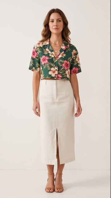 Green & Pink Floral Cropped Hawaiian Shirt