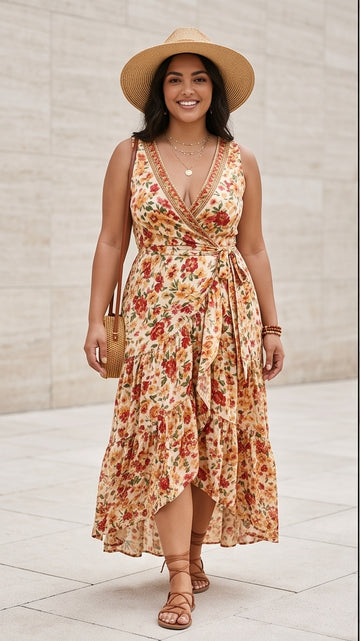 Curvy Floral Wrap Maxi Festival Dress