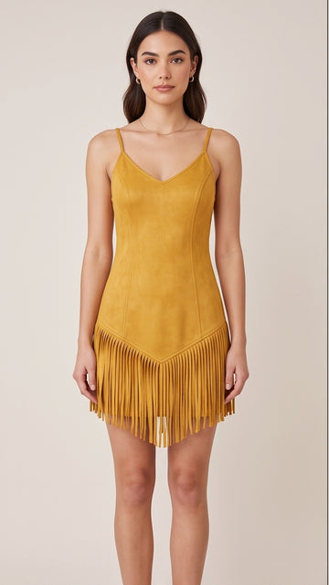 Mustard Fringe Mini Dress