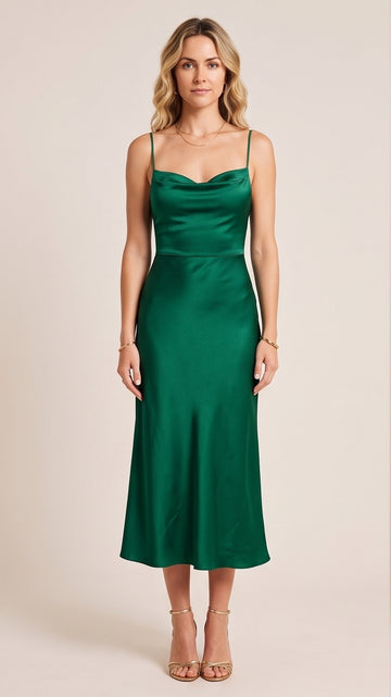 Emerald Satin Slip Midi Dress for Cruise Formal Night
