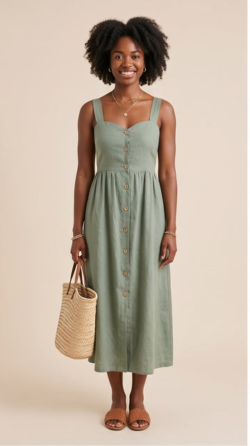 Sage Green Linen Button-Front Maxi Dress