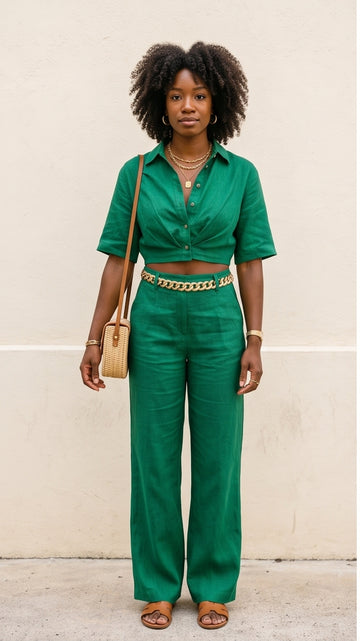Emerald Green Linen Crop Top & Wide-Leg Pants Set