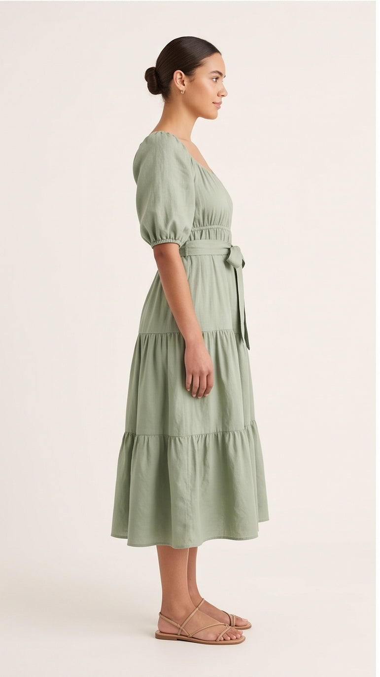 Sage Green Tiered Midi Dress with Puff Sleeves