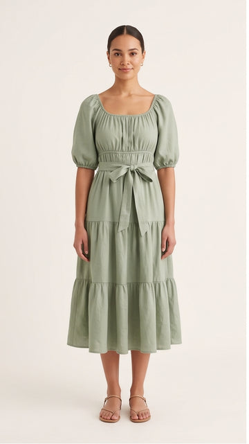 Sage Green Tiered Midi Dress with Puff Sleeves