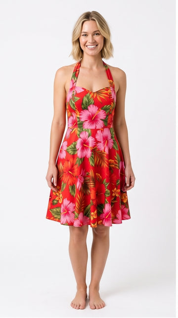 Hibiscus Print Halter Sundress