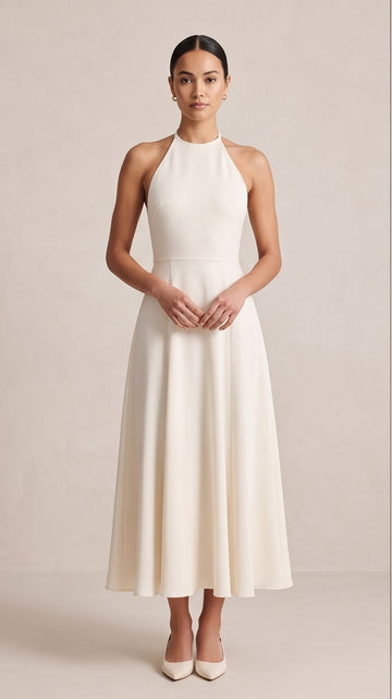 Ivory Halter Neck Flowy Midi Dress