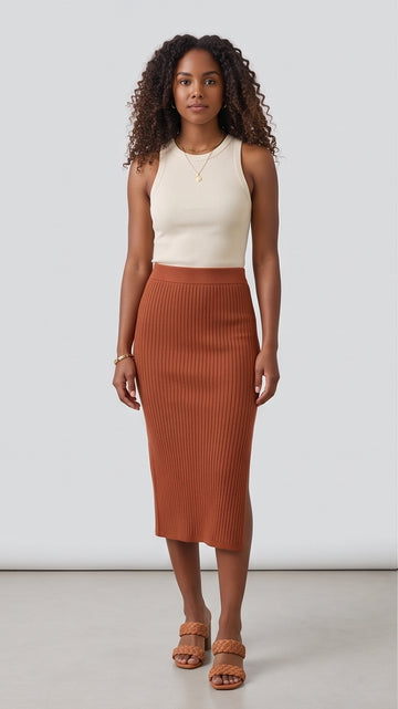 Rust Ribbed Knit Midi Skirt