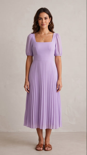 Lavender Chiffon Pleated Square Neck Midi Dress