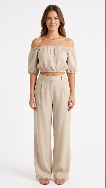 Sand Linen Off-Shoulder Two-Piece Set