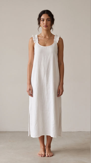White Linen Ruffle-Strap Midi Dress