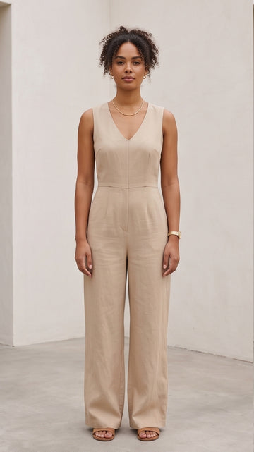 Sand Linen Sleeveless Wide-Leg Jumpsuit