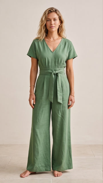 Palm Green Linen Jumpsuit