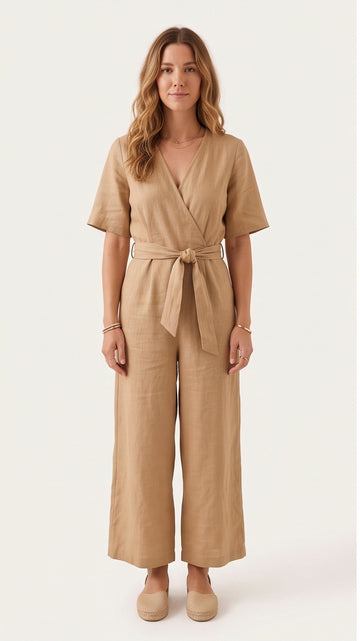Tan Linen Wide-Leg Jumpsuit