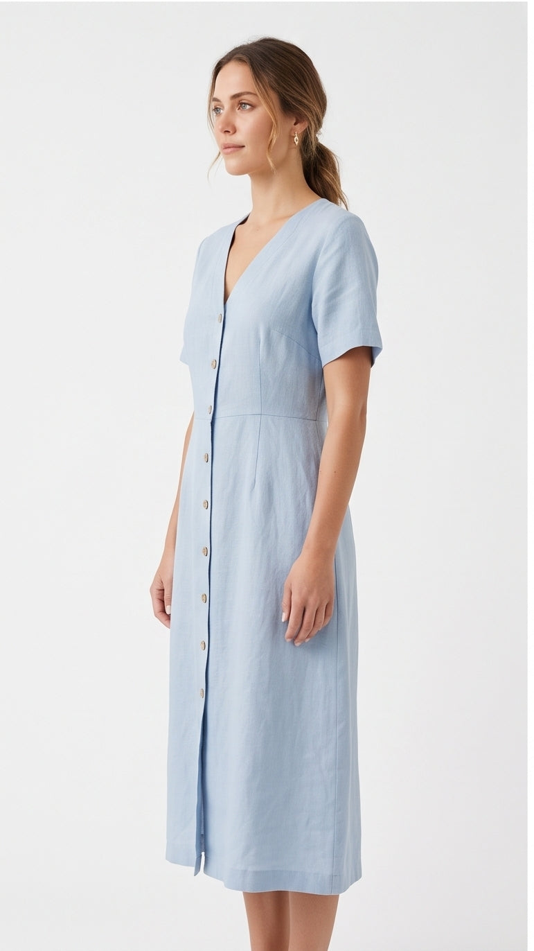 Pale Blue Linen Midi Dress