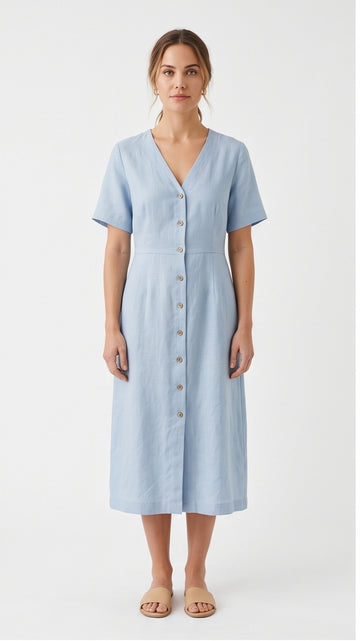 Pale Blue Linen Midi Dress