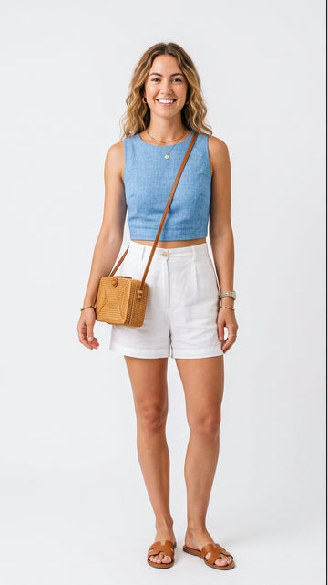 White Linen Shorts & Blue Crop Top Set