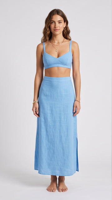 Sky Blue Linen Bralette & Maxi Skirt Set