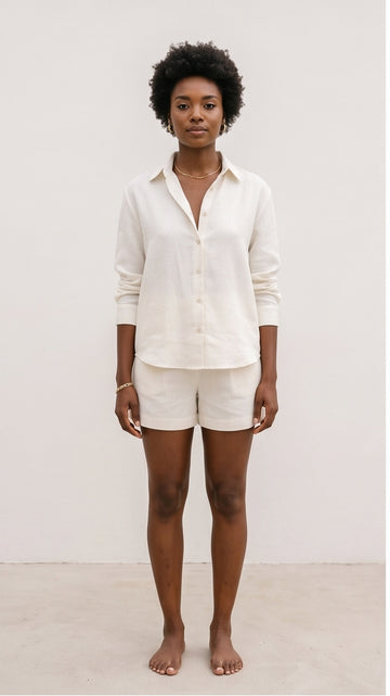 Ivory Linen Button-Up Shirt & Shorts Set