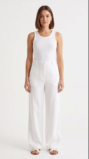 White Linen High-Waisted Wide-Leg Trousers