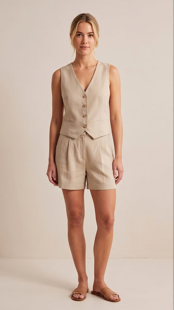 Beige Linen Vest Top & Tailored Shorts Set