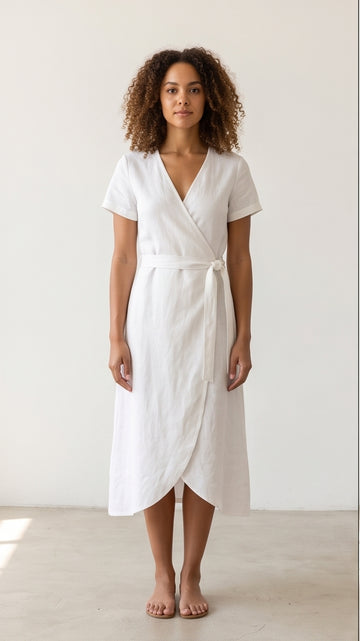 White Linen Wrap Dress