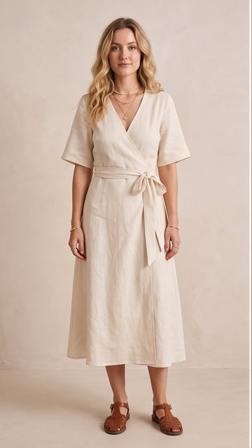 Cream Linen Wrap Dress