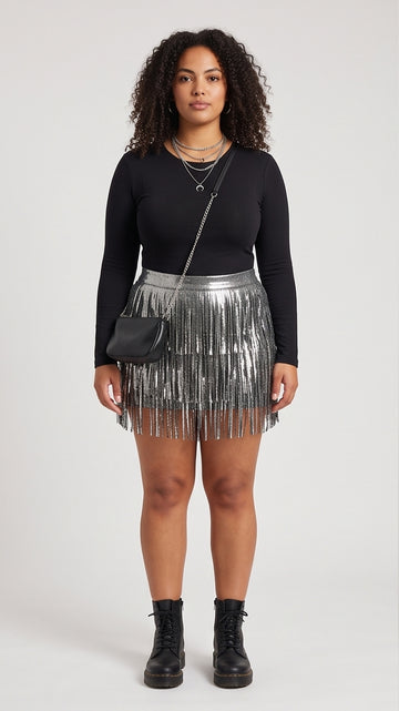 Curvy Metallic Fringe Festival Mini Skirt