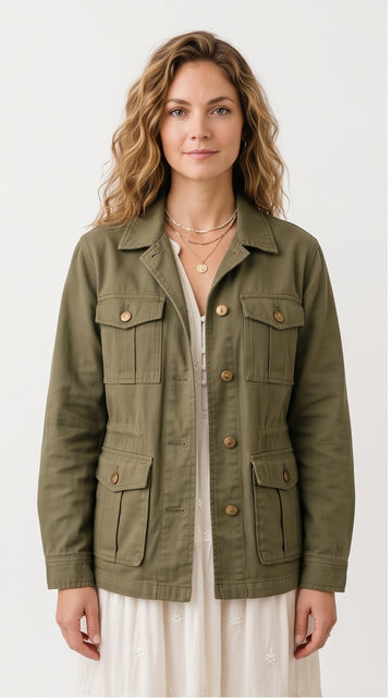 Olive Green Oversized Utility Jacket Multi-Pocket