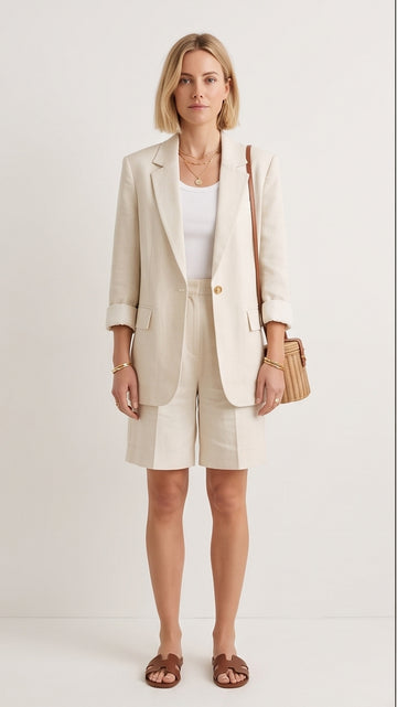 Oversized Cream Blazer & Tailored Shorts Set
