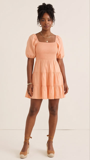 Peach Tiered Puff-Sleeve Mini Dress
