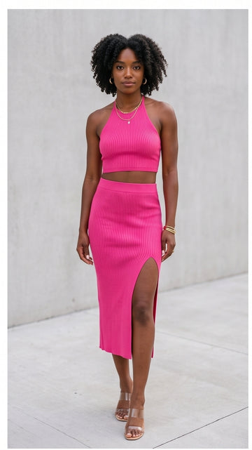 Hot Pink Ribbed Halter Crop Top & Skirt Set