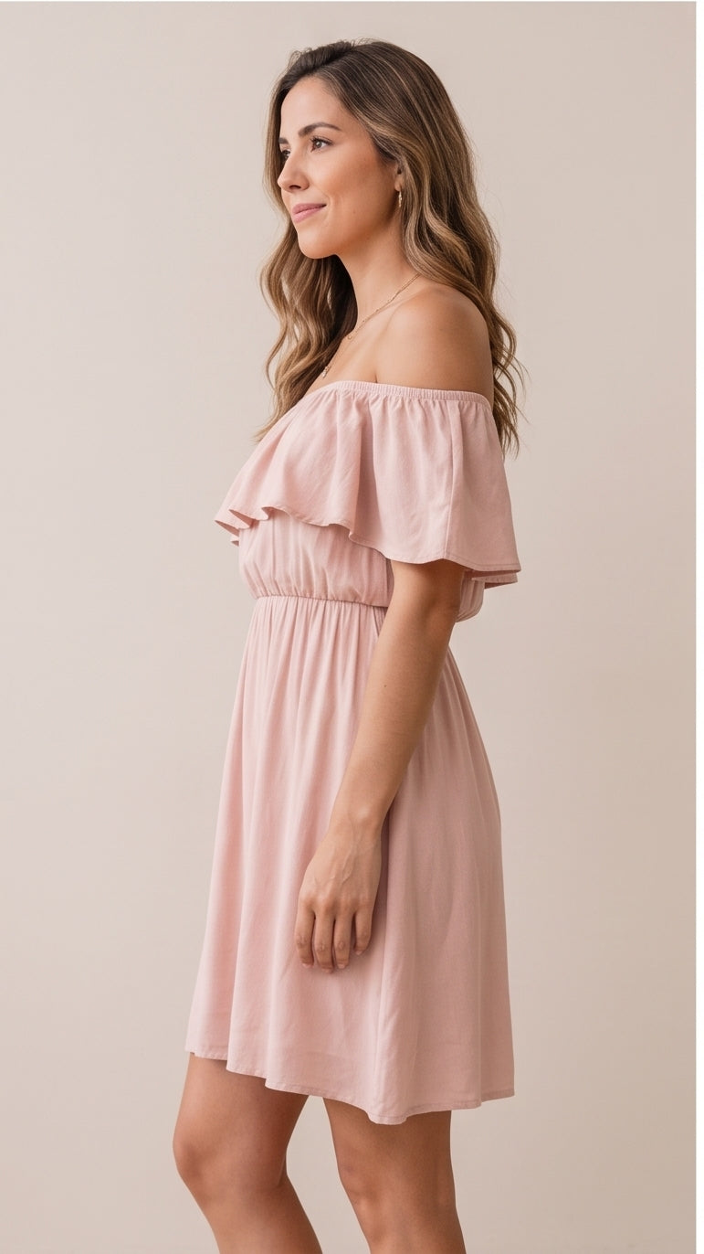 Off-Shoulder Flowy Mini Dress in Blush Pink