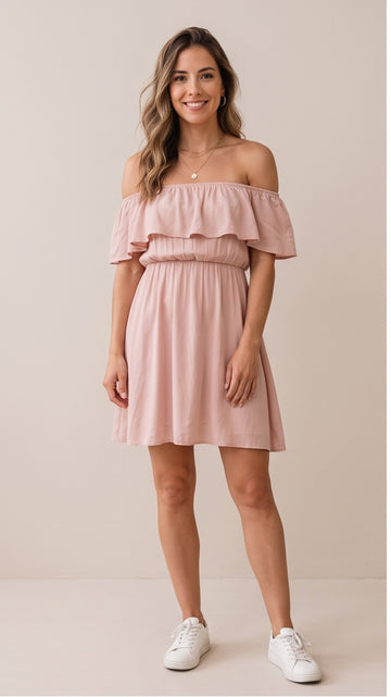 Off-Shoulder Flowy Mini Dress in Blush Pink
