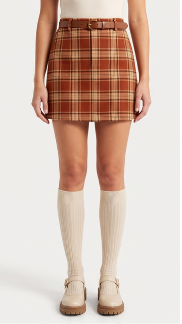Rust Plaid Wool-Blend A-Line Mini Skirt