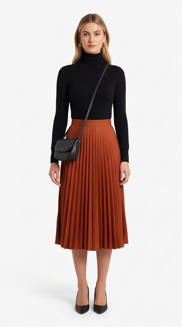 Burnt Orange Satin Pleated Midi Skirt