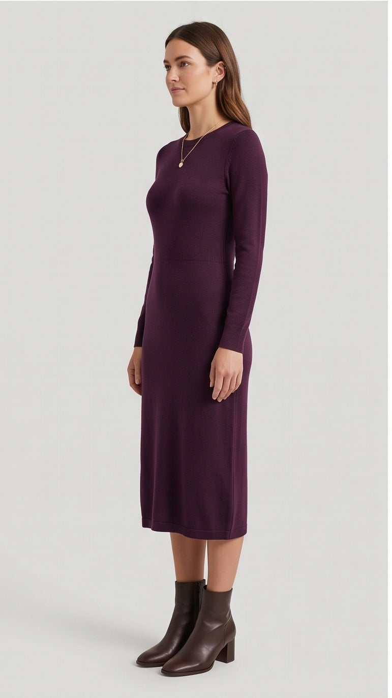 Plum Purple Fine Knit Long Sleeve Midi Dress