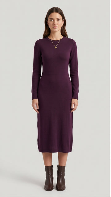 Plum Purple Fine Knit Long Sleeve Midi Dress