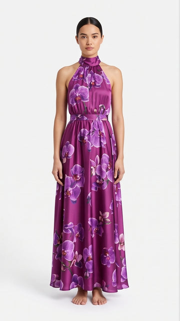 Purple Orchid Print Halter Maxi Dress