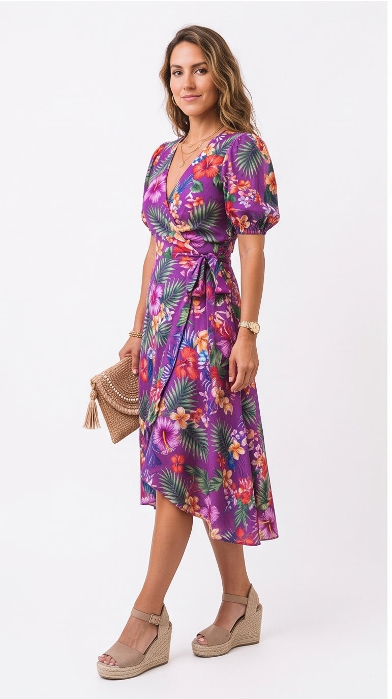 Purple Tropical Wrap Dress