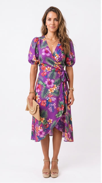 Purple Tropical Wrap Dress