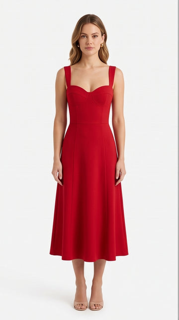 Red Sweetheart Neckline Midi Dress