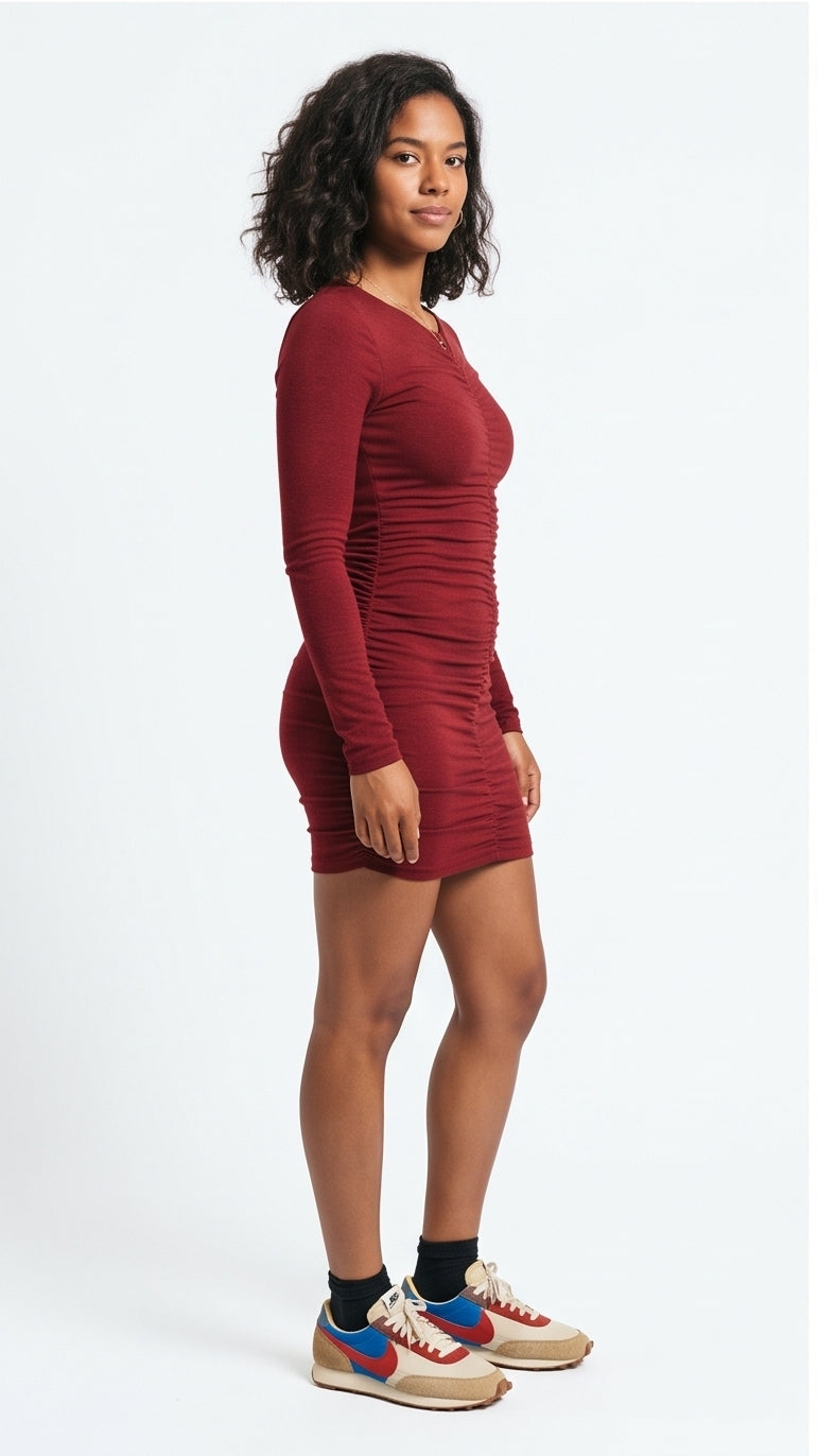 Ruched Bodycon Mini Dress in Deep Red